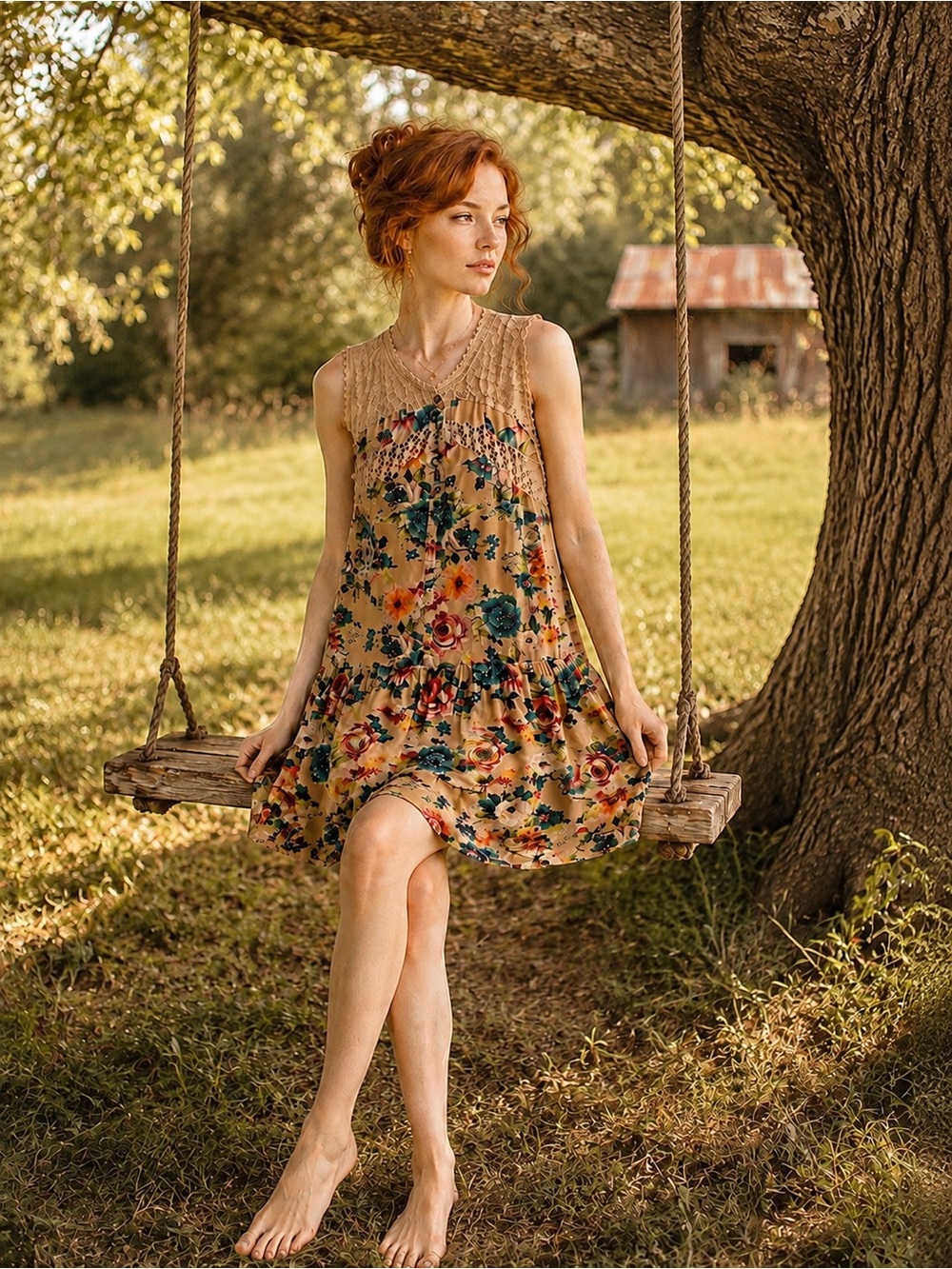 UMGEE Floral Crochet Lace Boho Drop Waist Swing Dress